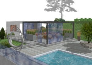 Lasiseinäinen rakennus, jossa on uima-allas. Kuvassa on harmaa ja valkoinen väri. Sisältää penkin ja uima-altaan. Mukana myös kasvi, puu, ulkona.