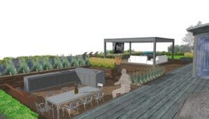 Kansi, jossa on pöytä ja tuolit. Kuvassa on valkoinen ja harmaa väri. Mukana myös kasvi, taivas, ulkona.