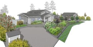 Kaavio, tekninen piirustus. Kuvassa on valkoinen ja harmaa väri. Sisältää palmuja, puita, kasveja ja taloja. Huoneessa on myös maisemointi, ulkona.