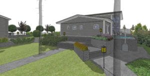 Talo, jossa on suuri etupiha. Kuvassa on harmaa ja valkoinen ja vihreä värit. Mukana myös ulkona, kasvi, taivas.