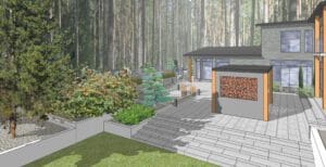 Kivinen kävelytie, jossa on kyltti ja puita sen ympärillä. Kuvassa on harmaa ja valkoinen väri. Mukana myös kasvi, piha, ulkona.