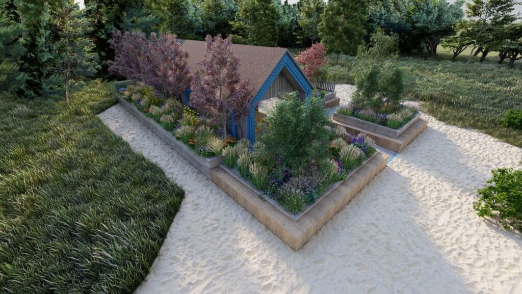 Puutarha, jossa on polku. Kuvassa on harmaat värit. Sisältää puun ja talon. Huoneessa on myös ulkona, maisemointi, pensas.