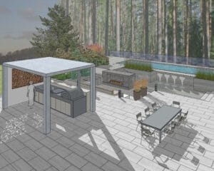 Uima-allas, jossa on pöytä ja tuolit. Kuvassa on harmaa ja valkoinen väri. Huoneessa on myös puu, huonekalut, sohvapöytä.