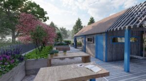 Pöytä ja tuolit talon ulkopuolella. Kuvassa on harmaa ja valkoinen väri. Sisältää talon ja pöydän. Sisältää myös ulkona, pilvenä, rakennuksena.