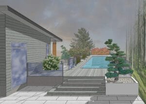 Rakennus, jossa on uima-allas. Kuvassa on harmaat värit. Sisältää myös taivaan, pilven, puun.