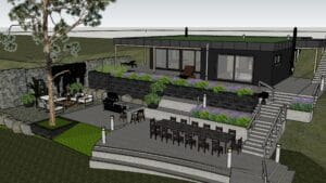 Talo, jossa on patio ja uima-allas. Kuvassa on harmaa ja valkoinen sekä musta väri. Sisältää myös puun, kasvin, kuvakaappauksen.