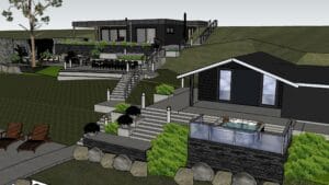 Talo, jossa on uima-allas ja portaat. Kuvassa on harmaat ja mustavalkoiset värit. Mukana myös puu, kuvakaappaus, pc-peli.