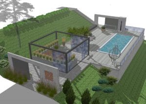 Talo, jossa on uima-allas. Kuvassa on harmaa ja vihreä ja valkoinen väri. Sisältää myös kasvin, rakennuksen, puun.