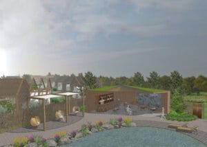 Takapiha, jossa on uima-allas ja talo, jossa on aita ja puita. Kuvassa on harmaa ja valkoinen väri. Mukana myös pilvi, taivas, kasvi.