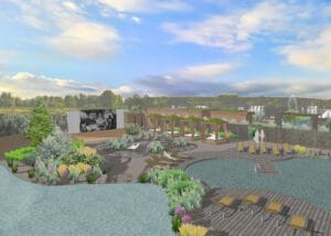 Puutarha, jonka taustalla on suuri rakennus. Kuvassa on harmaa ja valkoinen väri. Mukana myös pilvi, taivas, kasvi.