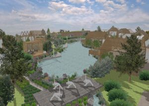 Puutarha, jossa on lampi ja rakennuksia. Kuvassa on harmaat värit. Mukana myös pilvi, puu, ulkona.