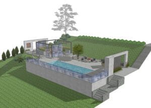 Malli uima-altaasta. Kuvassa on valkoinen ja harmaa sekä vihreä väri. Sisältää myös puun, kasvin, talon.