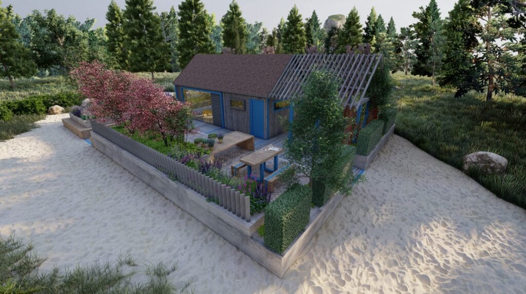 Talo, jossa on uima-allas ja siihen johtava polku. Kuvassa on harmaat värit. Sisältää puun ja talon. Mukana myös kasvi, ulkona, rakennus.