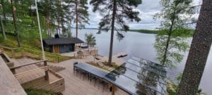 Kansi, jossa on uima-allas ja puita sen vieressä. Kuvassa on harmaat värit. Mukana myös ulkona, kasvi, taivas.