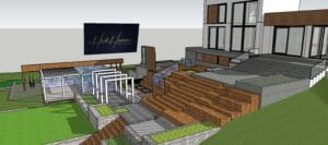 Kaavio, tekninen piirustus. Kuvassa on harmaa ja valkoinen ja vihreä värit. Huoneessa on myös talo, ruoho.