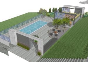 Uima-allas kannella. Kuvassa on harmaa ja vihreä ja valkoinen väri. Sisältää myös rakennuksen, istutuksen, puun.