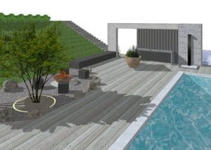 Uima-allas, jossa on puu ja rakennus taustalla. Kuvassa on harmaa ja valkoinen ja vihreä värit. Mukana myös kasvi, kiinteistö, huonekasvi.