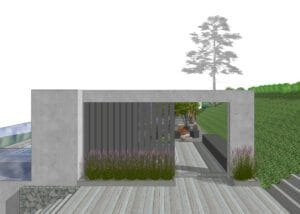 Kansi, jossa on puu ja ruoho. Kuvassa on valkoinen ja harmaa väri. Mukana myös kasvi, ulkona, taivas.