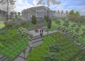 Pari ihmistä kävelee portaita ylös rakennukseen, jossa on suuri puutarha. Kuvassa on harmaa ja vihreä väri. Mukana myös pilvi, kasvi, taivas.