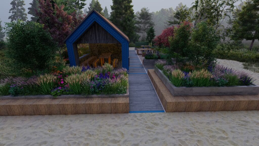 Kävelytie, jonka sivulla on pieni rakennus. Kuvassa on harmaa ja musta väri. Sisältää myös ulkona, puu, maa.