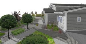 Talo, jossa on ajotie ja pieni puutarha. Kuvassa on harmaa ja valkoinen väri. Mukana myös ulkona, kasvi, puu.