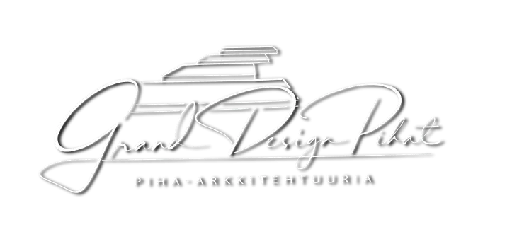 Logossa tyylitelty kursiiviteksti, jossa lukee Grand Design Pihat ja alla PIHA-ARKKITEHTUURIA, joka esittelee hahmoteltuja arkkitehtonisia rakenteita ja piha- ja maisemasuunnittelun elementtejä mustalla taustalla.