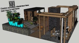 Kaavio, tekninen piirustus. Kuvassa on valkoisia värejä. Mukana myös pienoismalli, talo, LEGO.