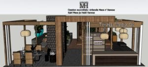 Huone, jossa on pöytä, tuolit ja ovi. Kuvassa on valkoisia värejä. Sisältää myös kuvakaappauksen.