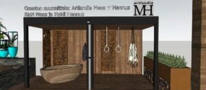 Kaavio, teksti. Kuvassa on valkoinen ja ruskea sekä musta väri. Huoneessa on myös ovi, kukkaruukku, huonekasvi.