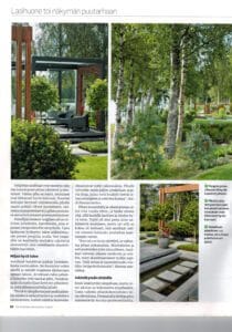 Talo, jossa on uima-allas ja puita. Kuvassa on valkoinen ja vihreä väri. Sisältää myös tekstiä, kasvia, ulkona.