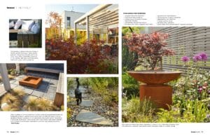 Kollaasi puutarhasta. Kuvassa on valkoinen ja ruskea sekä harmaa värit. Mukana myös kasvi, kukka, ulkona.