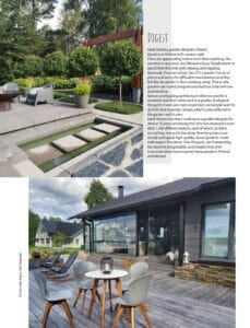 Patio, jossa on pöytä ja tuolit. Kuvassa on valkoinen ja harmaa väri. Sisältää kasvin, tuolin ja ruokapöydän. Huoneessa on myös ulkona, huonekalut, puu.