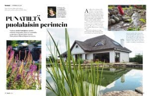 Talo, jonka edessä on lampi. Kuvassa on valkoinen ja harmaa väri. Sisältää henkilön, laventelin ja talon. Näyttää 2 henkilöä. Sisältää myös kasvin, ulkoilun, tekstin.