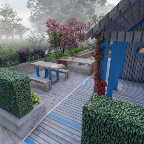 Takapiha, jossa on pöytä ja tuolit. Kuvassa on harmaat värit. Sisältää puun ja penkin. Mukana myös kasvi, taivas, ulkona.