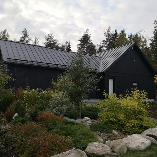 Talo, jossa on puutarha. Kuvassa on mustavalkoinen ja harmaa väri. Sisältää myös ulkona, kasvina, rakennuksena.