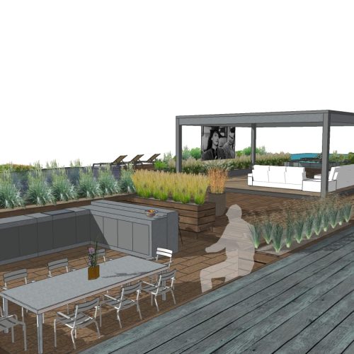 Kansi, jossa on pöytä ja tuolit. Kuvassa on valkoinen ja harmaa väri. Mukana myös kasvi, taivas, ulkona.