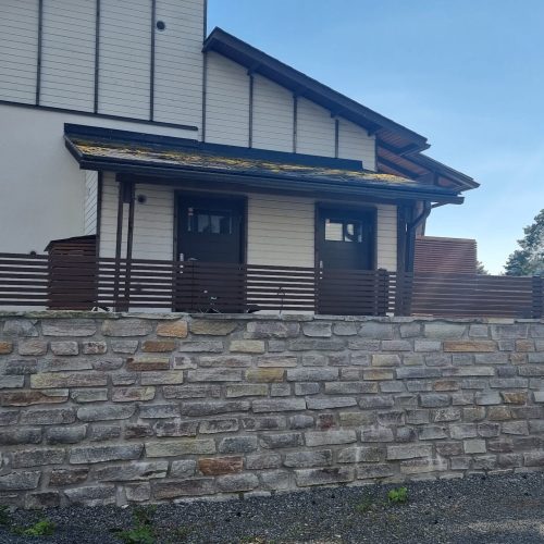 Talo, jossa on kiviseinä. Kuvassa on harmaat värit. Sisältää puun ja talon. Mukana myös ulkona, taivas, pilvi.