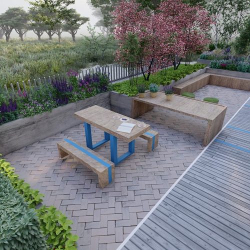 Kansi, jossa on pöytä ja tuolit. Kuvassa on harmaat värit. Sisältää puun ja penkin. Mukana myös kasvi-, ulkoilu-, maisemointi.