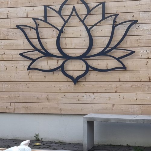 Puuseinä, jossa on sarjakuvahahmo. Kuvassa on harmaat värit. Mukana myös rakennus, ulkona, kasvi.