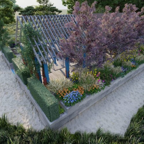 Polku, jonka kyljessä on kukkia ja puita. Kuvassa on harmaat värit. Mukana myös kasvi-, ulkoilu-, maisemointi.