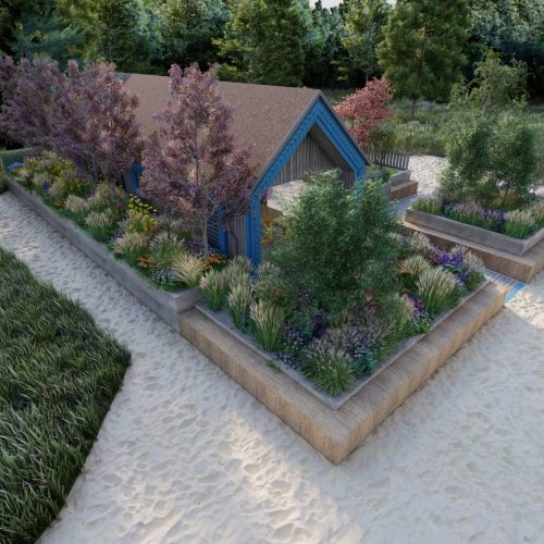 Puutarha, jossa on polku. Kuvassa on harmaat värit. Sisältää puun ja talon. Huoneessa on myös ulkona, maisemointi, pensas.