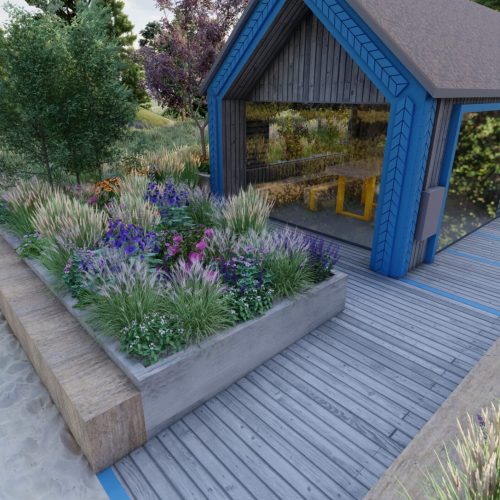 Pieni rakennus, jossa on pieni puutarha. Kuvassa on harmaat värit. Mukana myös kasvi, ulkona, puu.