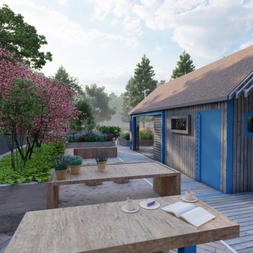 Pöytä ja tuolit talon ulkopuolella. Kuvassa on harmaa ja valkoinen väri. Sisältää talon ja pöydän. Sisältää myös ulkona, pilvenä, rakennuksena.