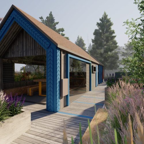 Talo, jossa on kansi. Kuvassa on harmaa ja musta väri. Sisältää puun ja talon. Sisältää myös ulkona, kasvina, rakennuksena.