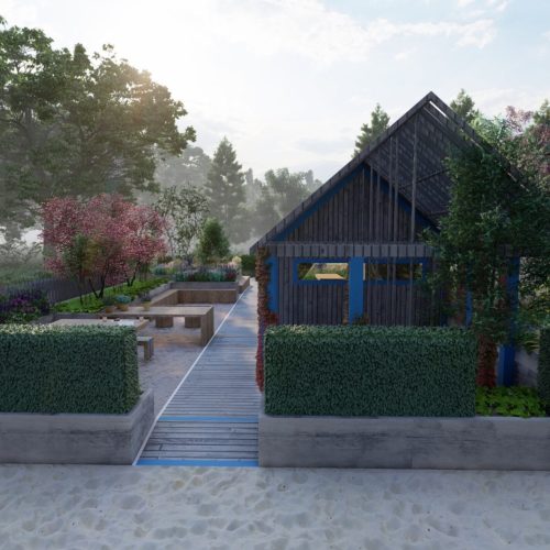 Rakennus, jossa on kävelytie ja pensaat sen ympärillä. Kuvassa on harmaa ja valkoinen sekä musta väri. Mukana myös ulkona, puu, kasvi.