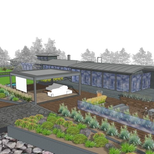 Rakennus, jossa on puutarha. Kuvassa on valkoinen ja harmaa väri. Mukana myös puu, kasvi, taivas.