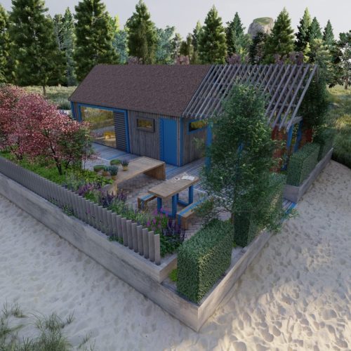 Talo, jossa on uima-allas ja siihen johtava polku. Kuvassa on harmaat värit. Sisältää puun ja talon. Mukana myös kasvi, ulkona, rakennus.