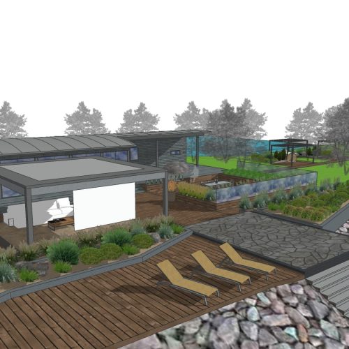 Talo, jossa on uima-allas. Kuvassa on valkoinen ja harmaa väri. Sisältää myös rakennuksen, puun, kasvin.