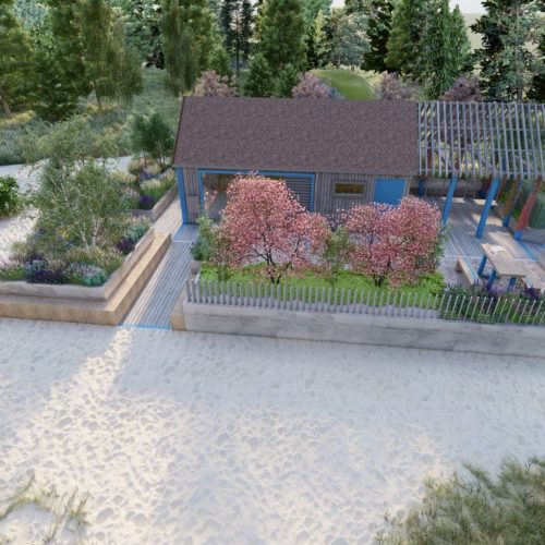 Talo, jossa on uima-allas ja puita sen ympärillä. Kuvassa on harmaa ja valkoinen väri. Huoneessa on myös ulkona, maisemointi, kukka.