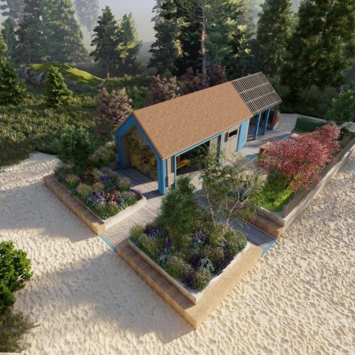 Talo, jossa on puutarha. Kuvassa on harmaat värit. Sisältää puun ja talon. Mukana myös kasvi-, ulkoilu-, maisemointi.